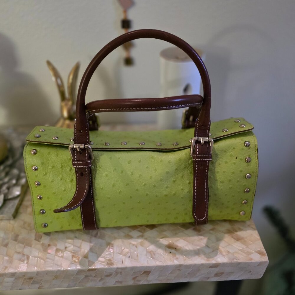 Claudia Firenze Green Leather Satchel Handbag with Brown Trim
